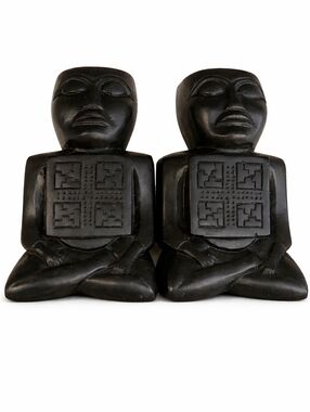 Vintage Mayan Figural Bookends Ebony Wood Hand Carved Black Sculptural Decor